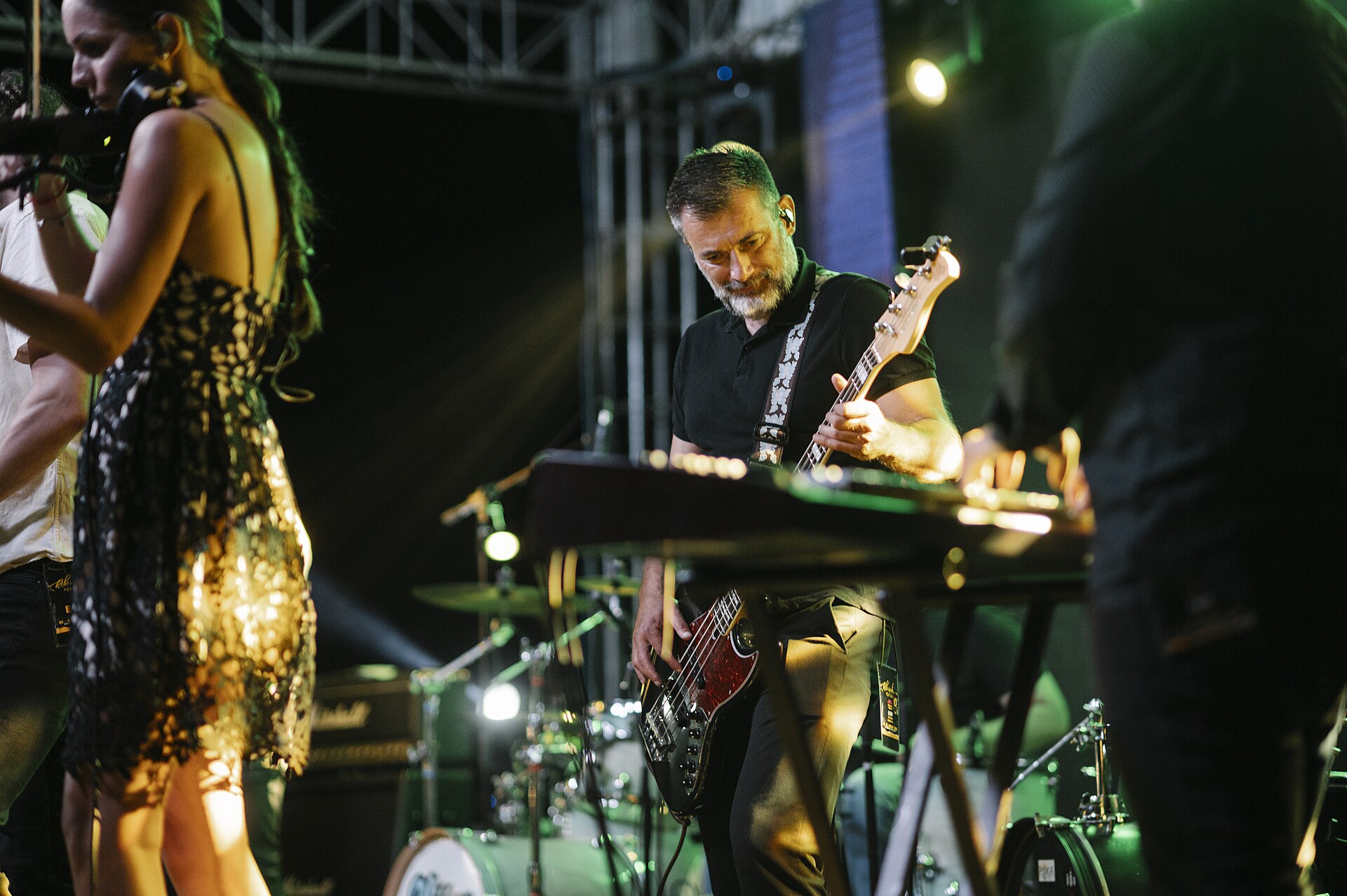 A crowd at a night concert lit by stage lighting